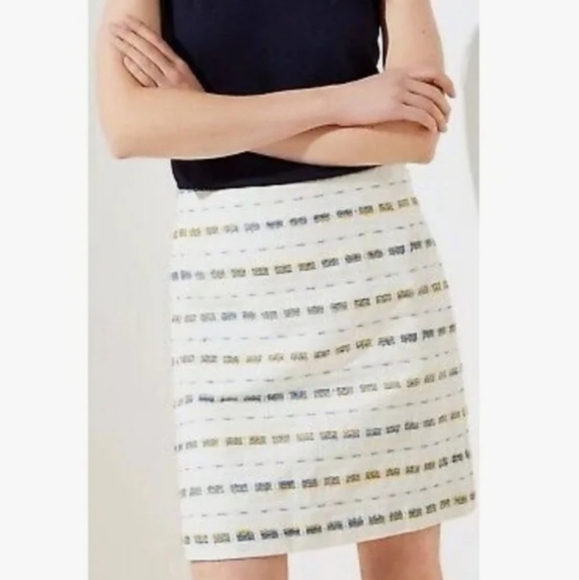 Loft Cream Boucle Yellow Blue Striped Cotton Blend Pencil Skirt - Picture 1 of 10